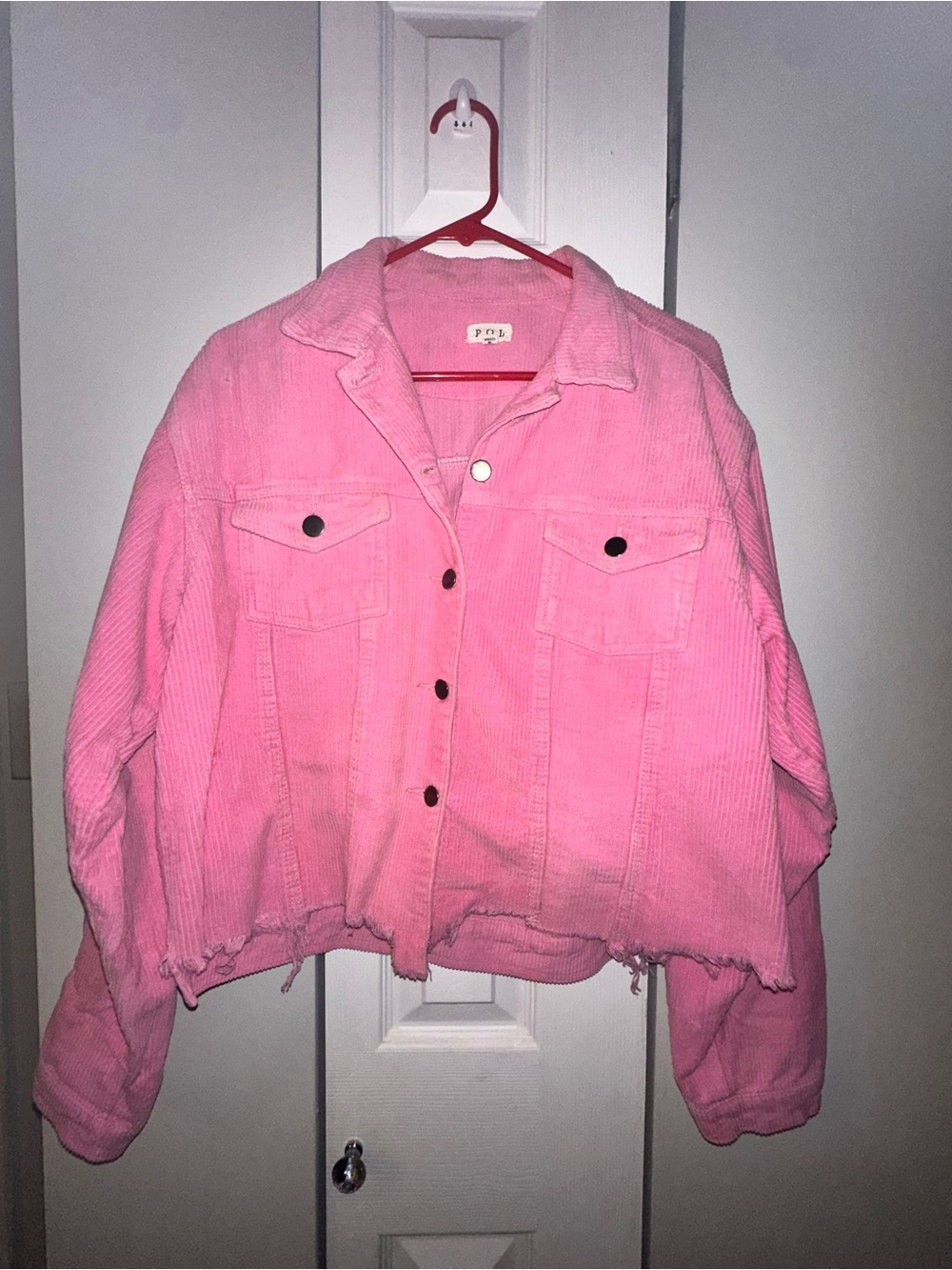 POL Pink Corduroy Distressed Cropped Jacket